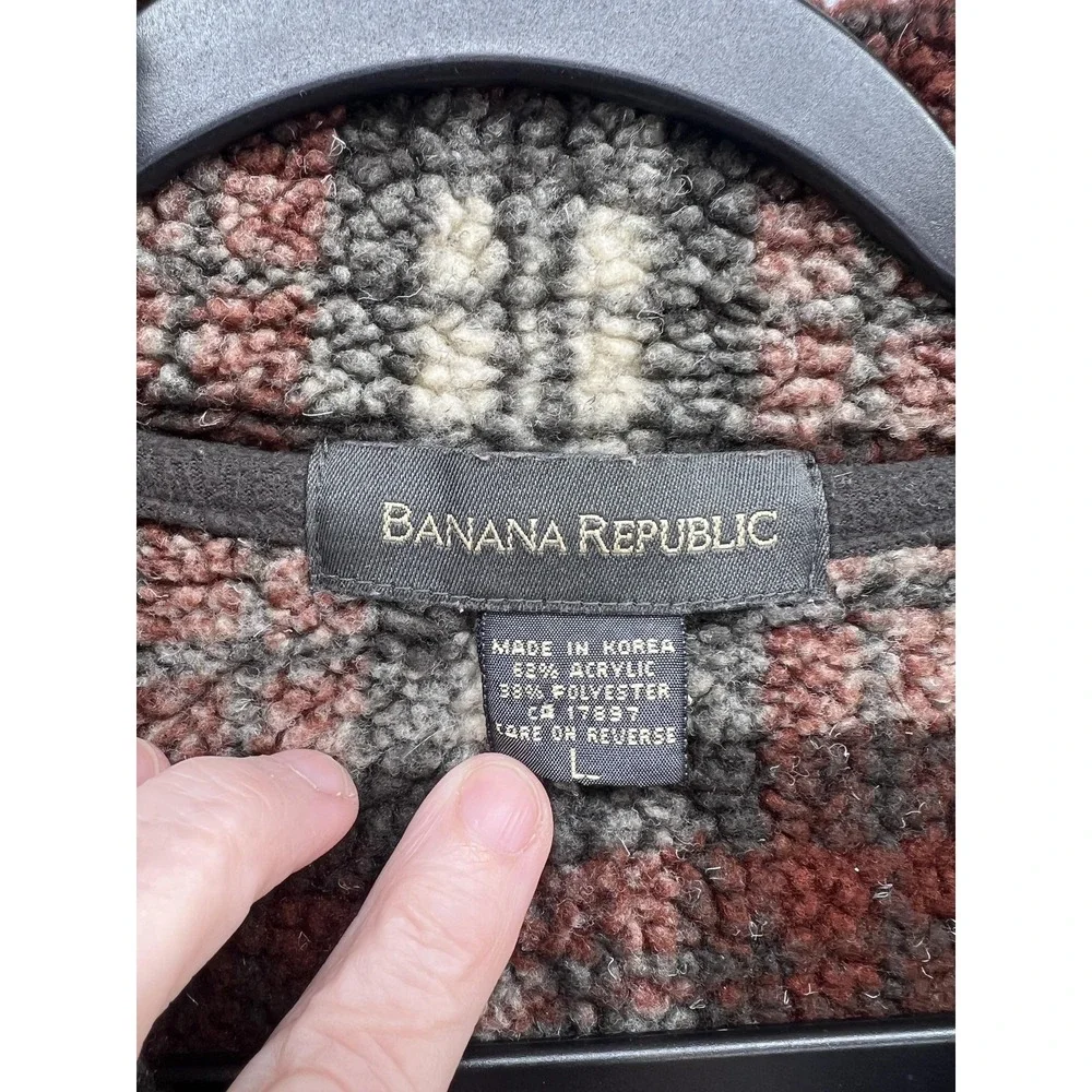 VTG Banana Republic Pullover Mens Large Plaid Sherpa Fleece Quarter Zip Burgundy